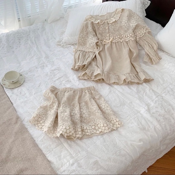 Linen pajama 2 PCS SET matching button shirt top lace embroidery shorts khaki - Picture 5 of 6